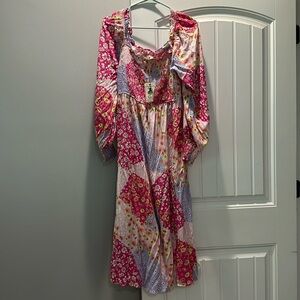 Smocked on/off shoulder Easel patchwork dress size medium nwt